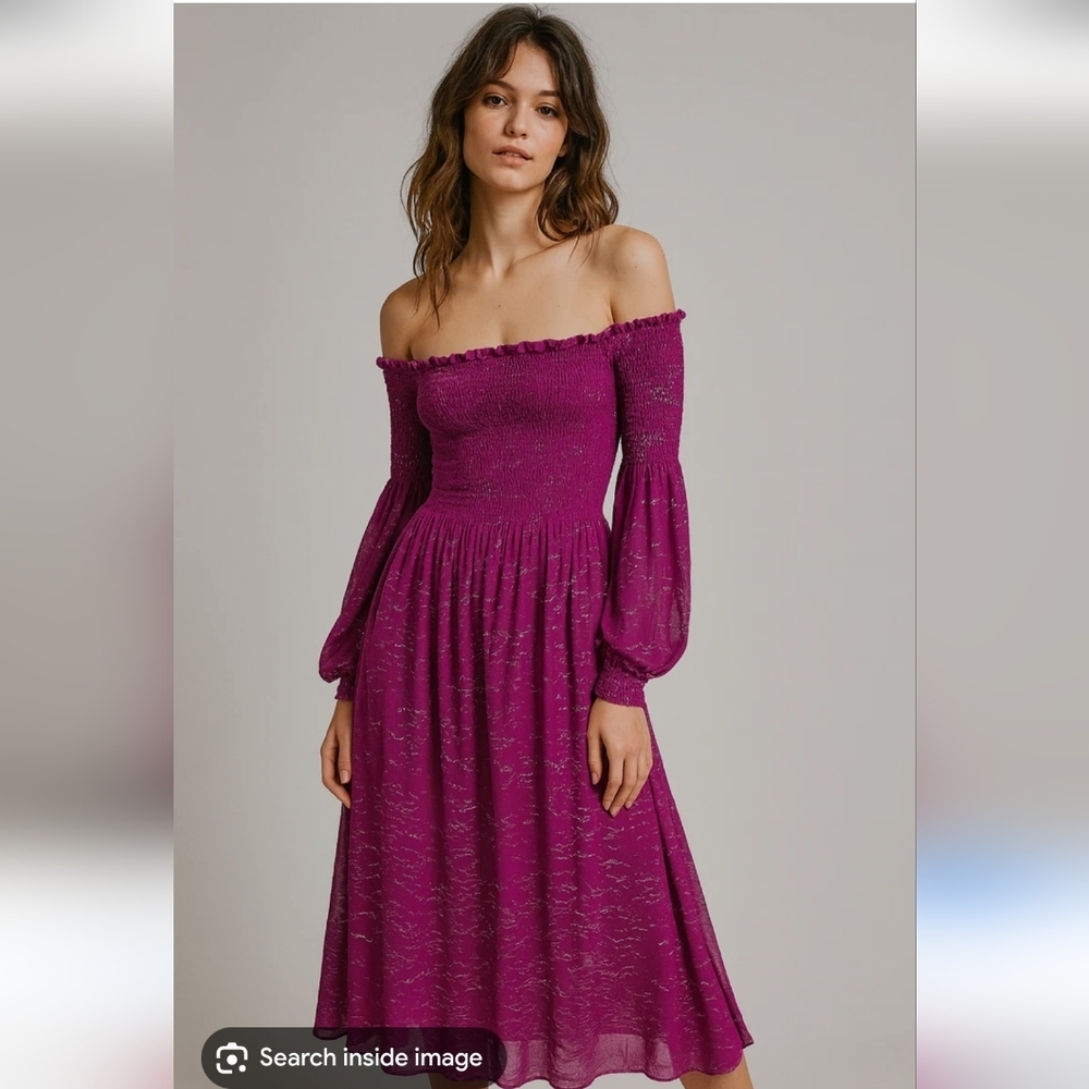 Free People Off-Shoulder Smocked Silver Foil Print Dress XS Purple Romantic Boho